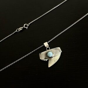 Tiger Shark tooth Larimar Stone Pendant Necklace Set in Sterling Silver